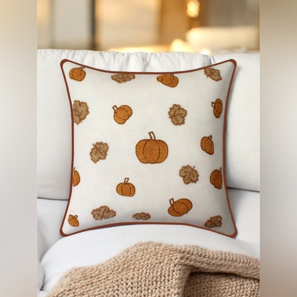 Fall Embroidered Pumpkin Leaves Throw Pillow Beaded Autumn Celebrate Together™ - Picture 1 of 9
